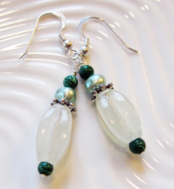 Jade, pearl and malachite earrings