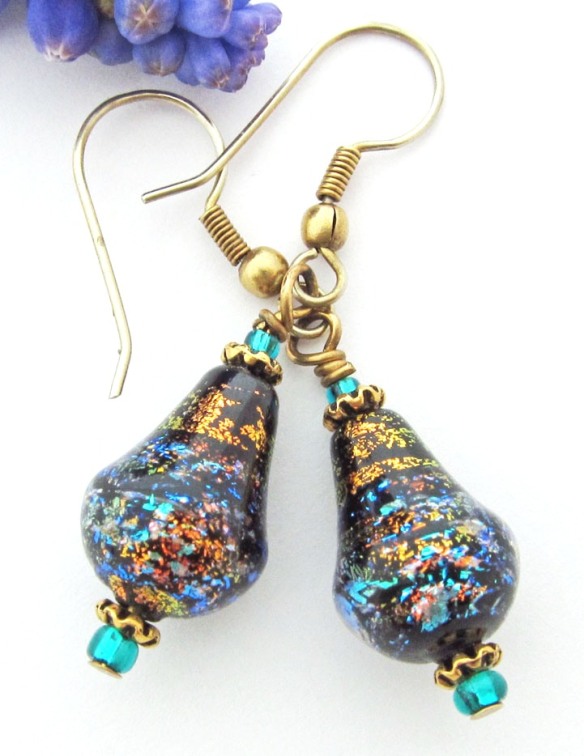dichroic earrings in black, turquoise and orange