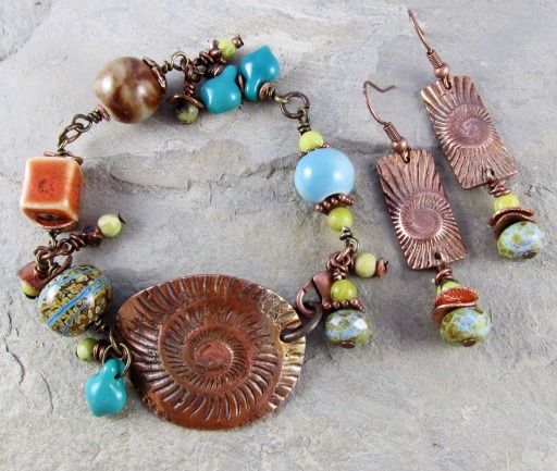 bracelet and earrings with handmade copper components