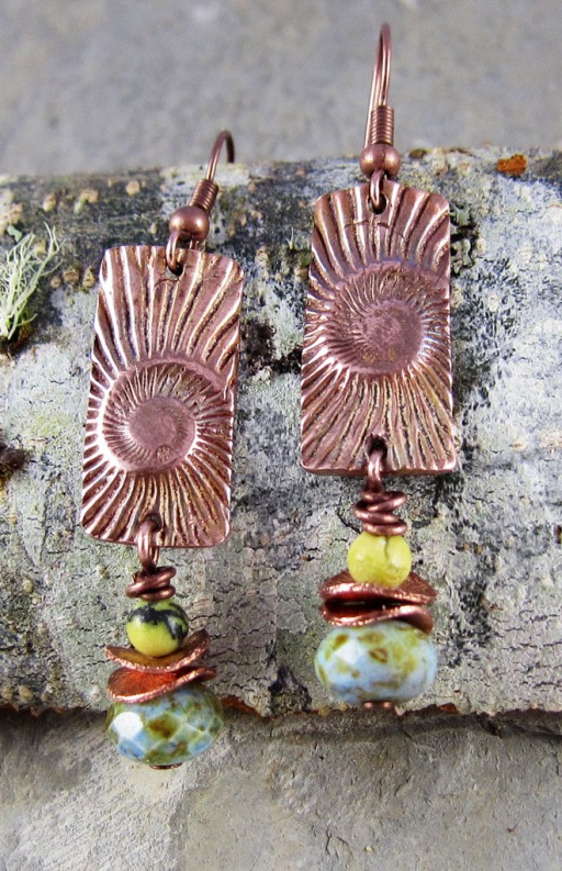 handmade copper earrings with serpentine and glass dangles