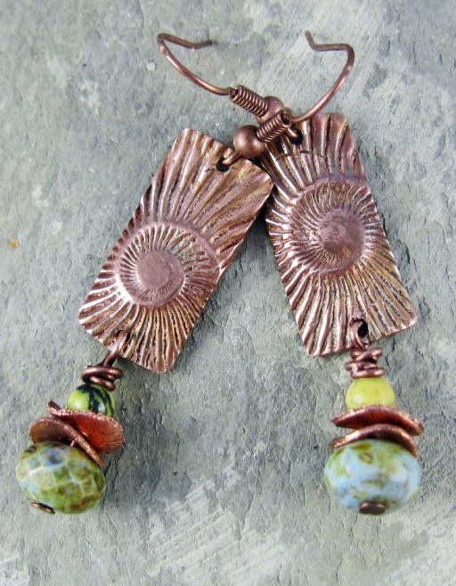 copper earrings with serpentine and copper dangles
